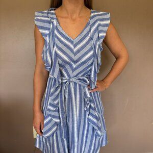 Blue & White Striped Ruffle Mini Dress with Waist Tie – Size S